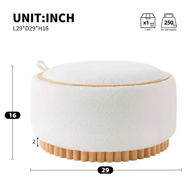 Polibi Pouf de rangement rond avec base cylindrique en bois massif et couvercle réversible