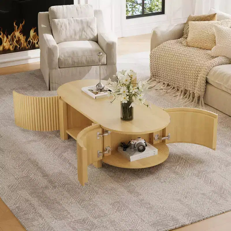 Table basse moderne 47, Table basse centrale ovale en bois avec rangement, Table d'appoint cannelée pour salon, chambre, bureau