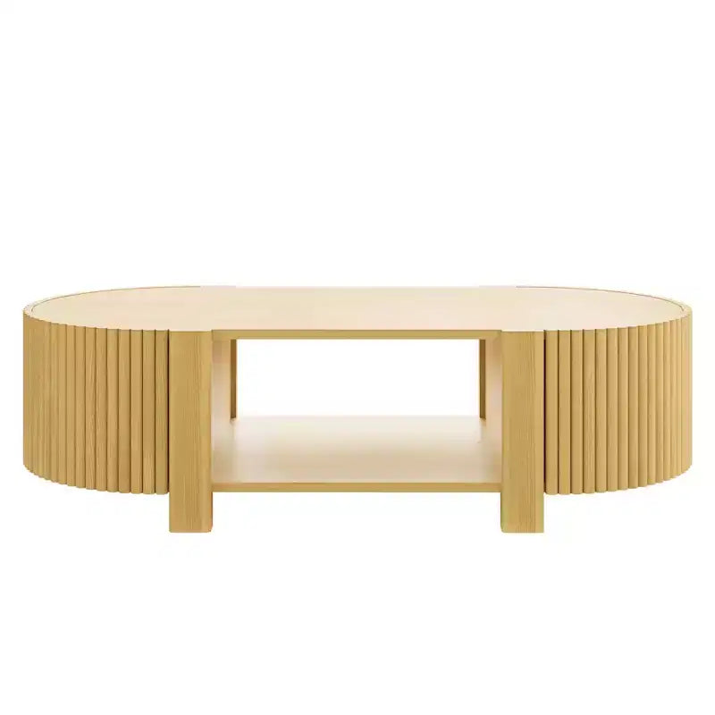 Table basse moderne 47, Table basse centrale ovale en bois avec rangement, Table d'appoint cannelée pour salon, chambre, bureau