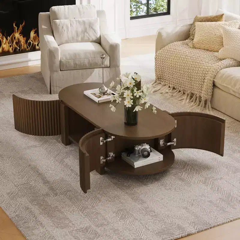 Table basse moderne 47, Table basse centrale ovale en bois avec rangement, Table d'appoint cannelée pour salon, chambre, bureau