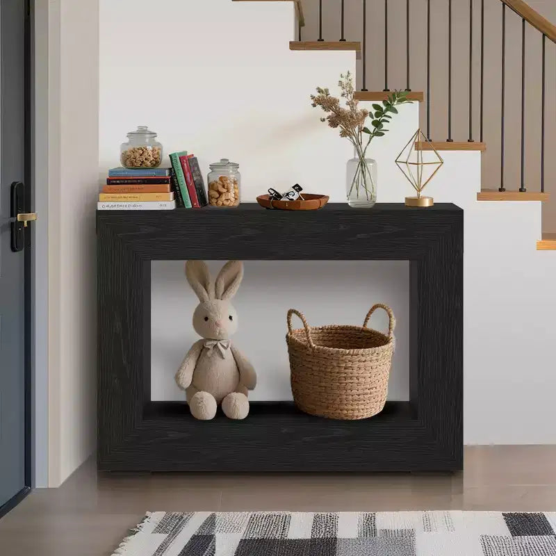 Console d'entrée de style ferme rustique avec étagères de rangement, étroite et rectangulaire, adaptée aux salons, couloirs, halls d'entrée et derrière les canapés.