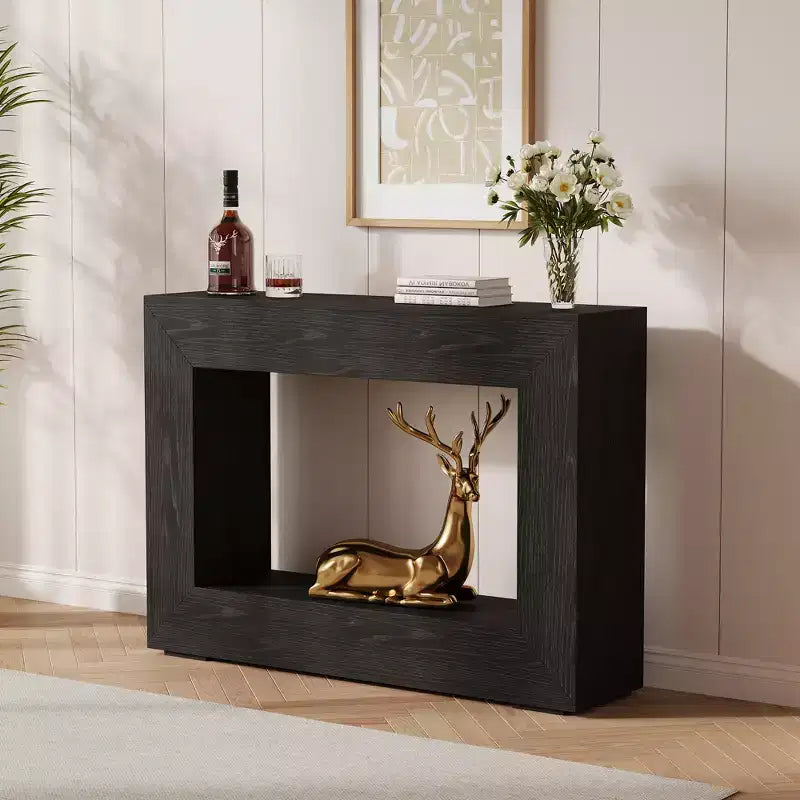 Console d'entrée de style ferme rustique avec étagères de rangement, étroite et rectangulaire, adaptée aux salons, couloirs, halls d'entrée et derrière les canapés.