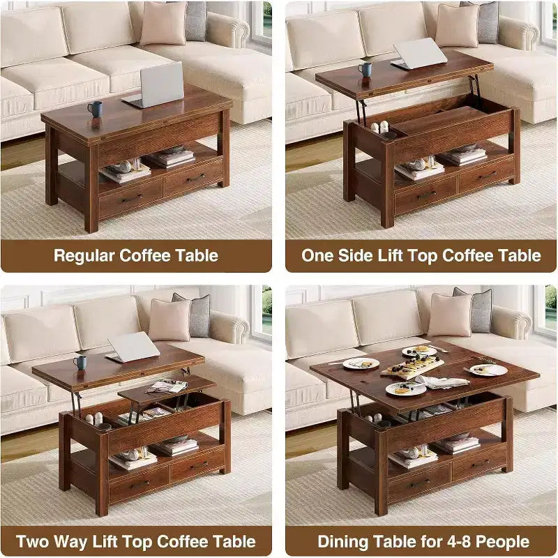 Table basse réglable en hauteur - design modulaire avec tiroirs de rangement et étagères dissimulées pour un gain de place, parfaite pour le salon, noire.