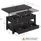 Table basse réglable en hauteur - design modulaire avec tiroirs de rangement et étagères dissimulées pour un gain de place, parfaite pour le salon, noire.