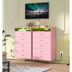 Commode 5 tiroirs avec station de charge et lumières LED, grande commode en bois pour chambre à coucher, salon, couloir, armoire de rangement étroite peu encombrante