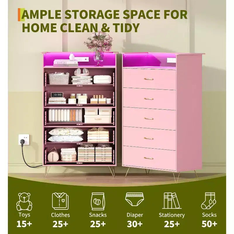 Commode 5 tiroirs avec station de charge et lumières LED, grande commode en bois pour chambre à coucher, salon, couloir, armoire de rangement étroite peu encombrante