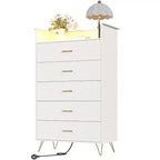 Commode 5 tiroirs avec station de charge et lumières LED, grande commode en bois pour chambre à coucher, salon, couloir, armoire de rangement étroite peu encombrante