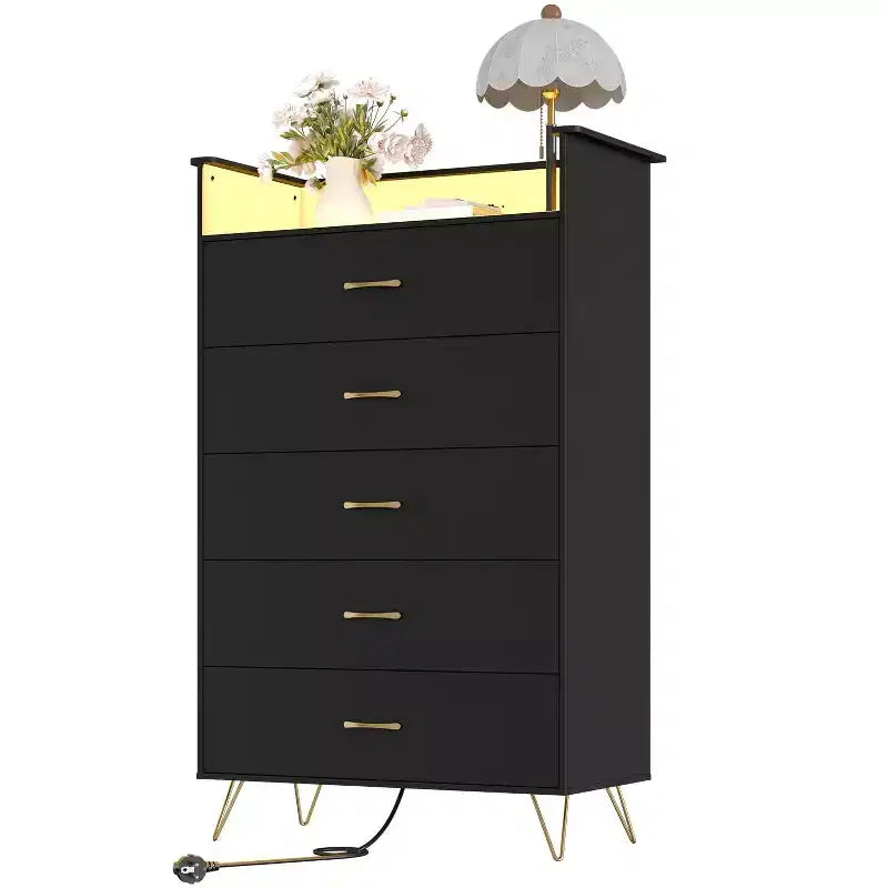 Commode 5 tiroirs avec station de charge et lumières LED, grande commode en bois pour chambre à coucher, salon, couloir, armoire de rangement étroite peu encombrante