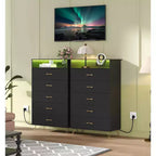 Commode 5 tiroirs avec station de charge et lumières LED, grande commode en bois pour chambre à coucher, salon, couloir, armoire de rangement étroite peu encombrante