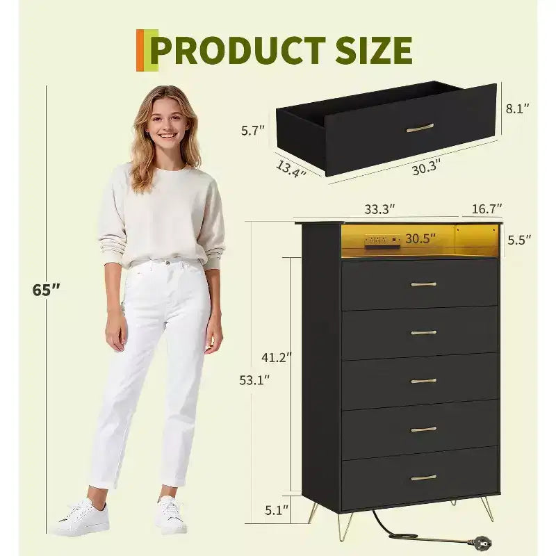 Commode 5 tiroirs avec station de charge et lumières LED, grande commode en bois pour chambre à coucher, salon, couloir, armoire de rangement étroite peu encombrante