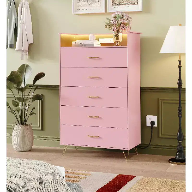 Commode 5 tiroirs avec station de charge et lumières LED, grande commode en bois pour chambre à coucher, salon, couloir, armoire de rangement étroite peu encombrante