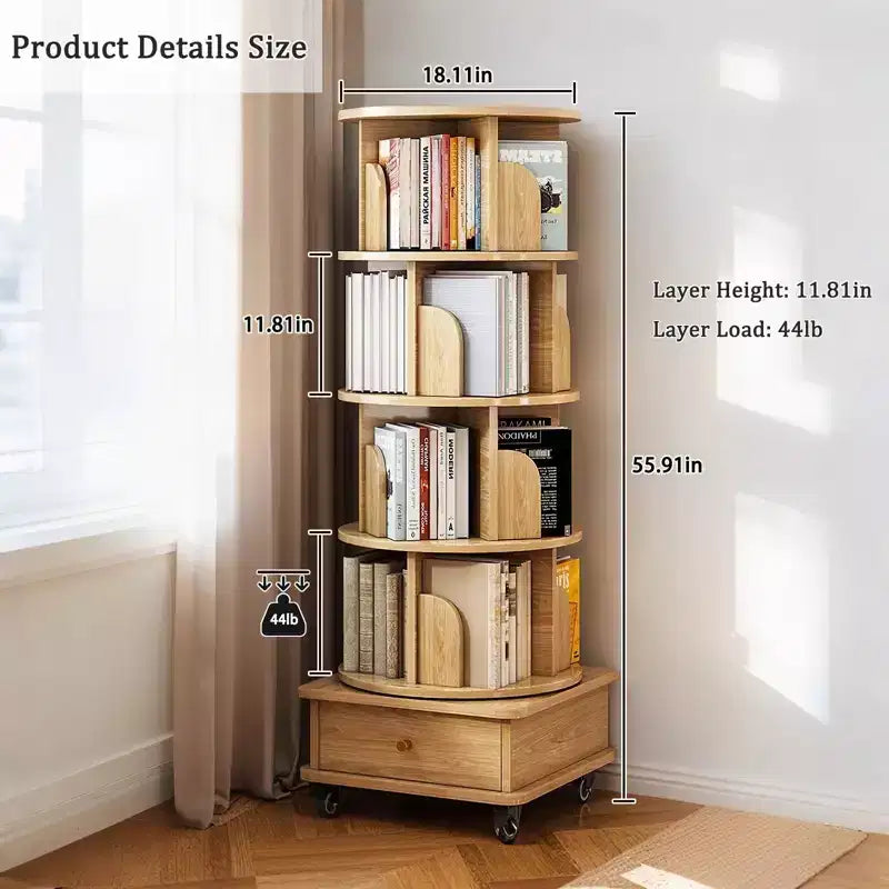 Étagère à Livres Rotative à 360° à 5 Niveaux, Couleur Bois Structure Robuste, Gain de Place pour Petits Coins, pour Chambre/Salon/Bureau/Bureau à Domicile