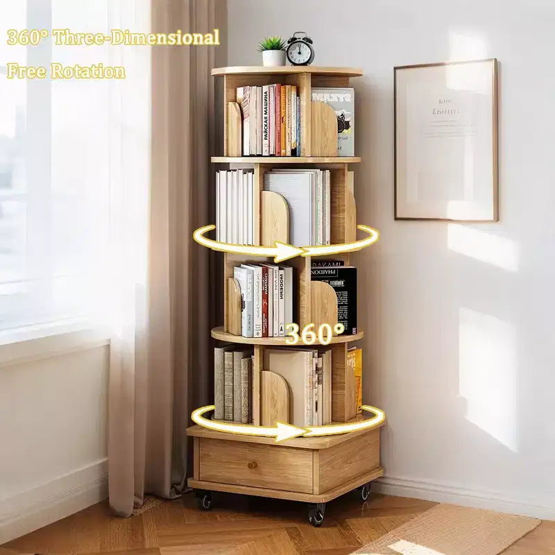 Étagère à Livres Rotative à 360° à 5 Niveaux, Couleur Bois Structure Robuste, Gain de Place pour Petits Coins, pour Chambre/Salon/Bureau/Bureau à Domicile
