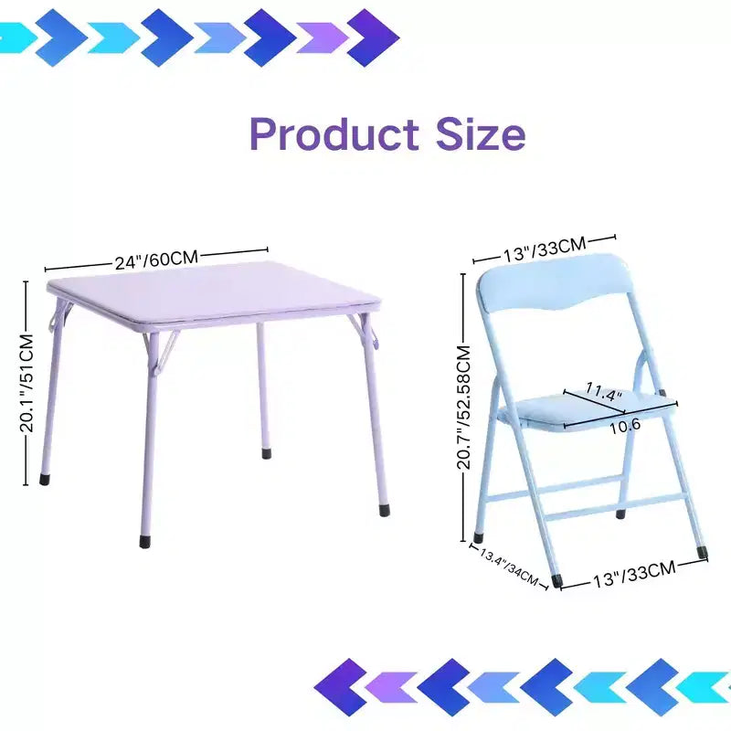 Ensemble table et chaises pour enfants FurnitureR, table pliante en métal 3 pièces avec 2 chaises, ensemble de table de jeu compact pour chambre d'enfant, salle de jeux, chambre à coucher, usage intérieur