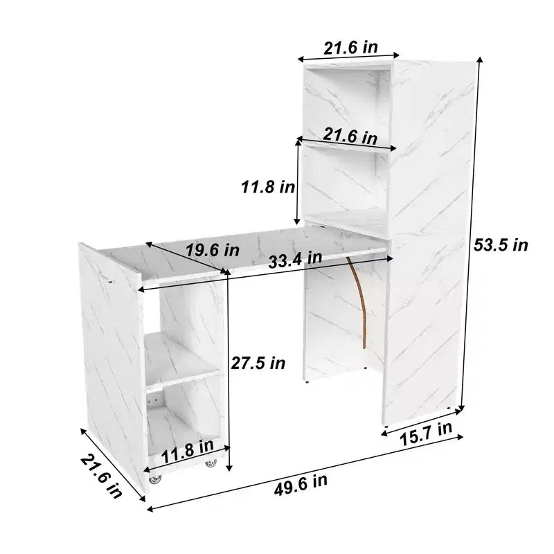 Bureau extensible avec rangements et roulettes, bureau pliable pour petits espaces, marbre blanc