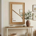 Miroir décoratif rectangulaire en rotin avec cadre en bois massif, pour ferme, salle de bain, décoration intérieure, entrée