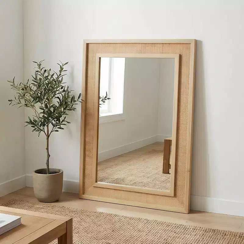 Miroir décoratif rectangulaire en rotin avec cadre en bois massif, pour ferme, salle de bain, décoration intérieure, entrée