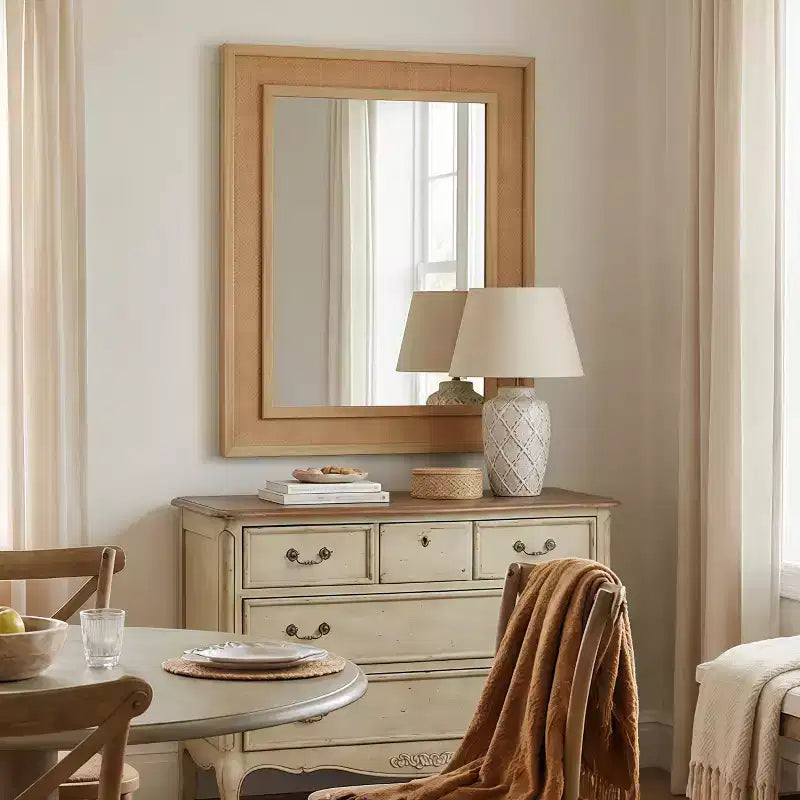 Miroir décoratif rectangulaire en rotin avec cadre en bois massif, pour ferme, salle de bain, décoration intérieure, entrée