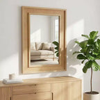 Miroir décoratif rectangulaire en rotin avec cadre en bois massif, pour ferme, salle de bain, décoration intérieure, entrée