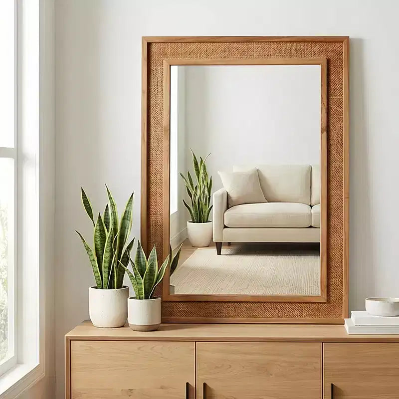 Miroir décoratif rectangulaire en rotin avec cadre en bois massif, pour ferme, salle de bain, décoration intérieure, entrée