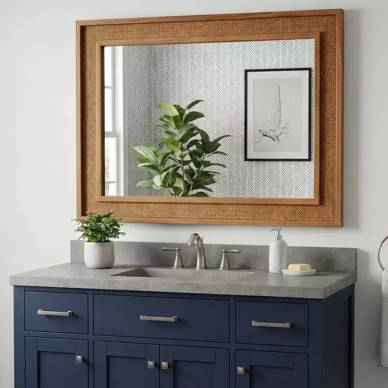 Miroir décoratif rectangulaire en rotin avec cadre en bois massif, pour ferme, salle de bain, décoration intérieure, entrée