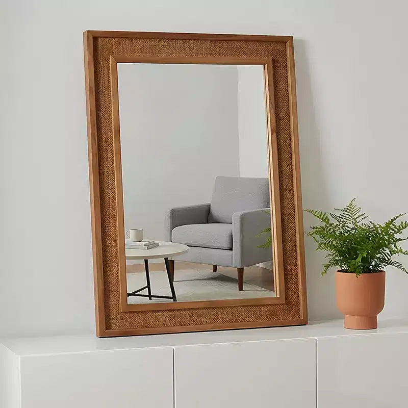Miroir décoratif rectangulaire en rotin avec cadre en bois massif, pour ferme, salle de bain, décoration intérieure, entrée