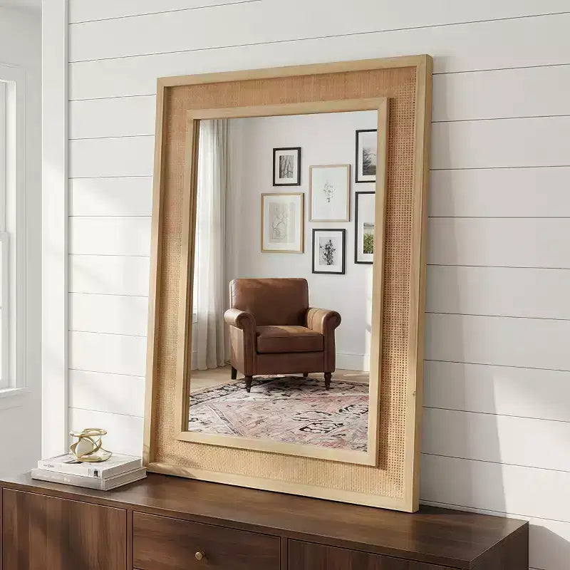 Miroir décoratif rectangulaire en rotin avec cadre en bois massif, pour ferme, salle de bain, décoration intérieure, entrée