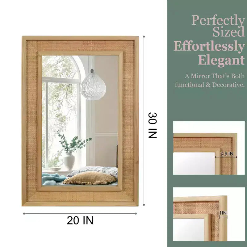 Miroir décoratif rectangulaire en rotin avec cadre en bois massif, pour ferme, salle de bain, décoration intérieure, entrée