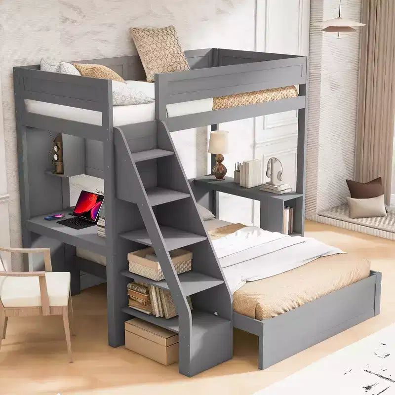 Lit superposé simple XL sur lit double avec bureau et USB Whisen