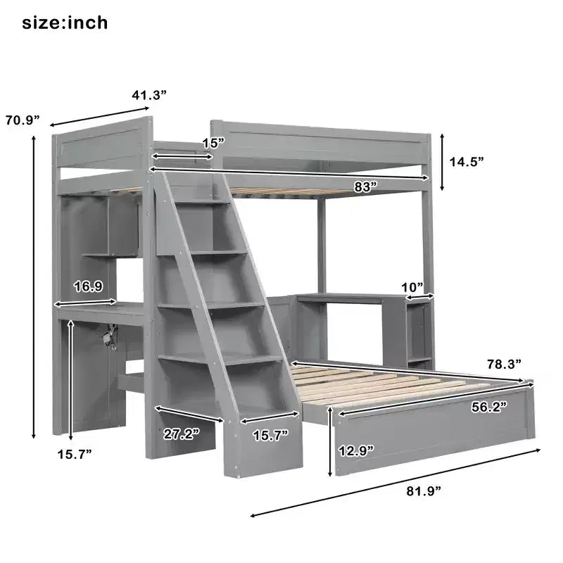 Lit superposé simple XL sur lit double avec bureau et USB Whisen