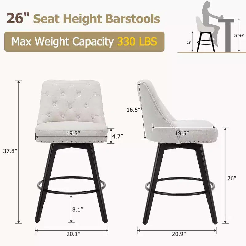 Lot de 4 chaises de salle à manger en bois, tabourets de bar pivotants modernes avec dossier et pieds en bois, tabourets de bar rembourrés pour îlot de cuisine et bar à la maison