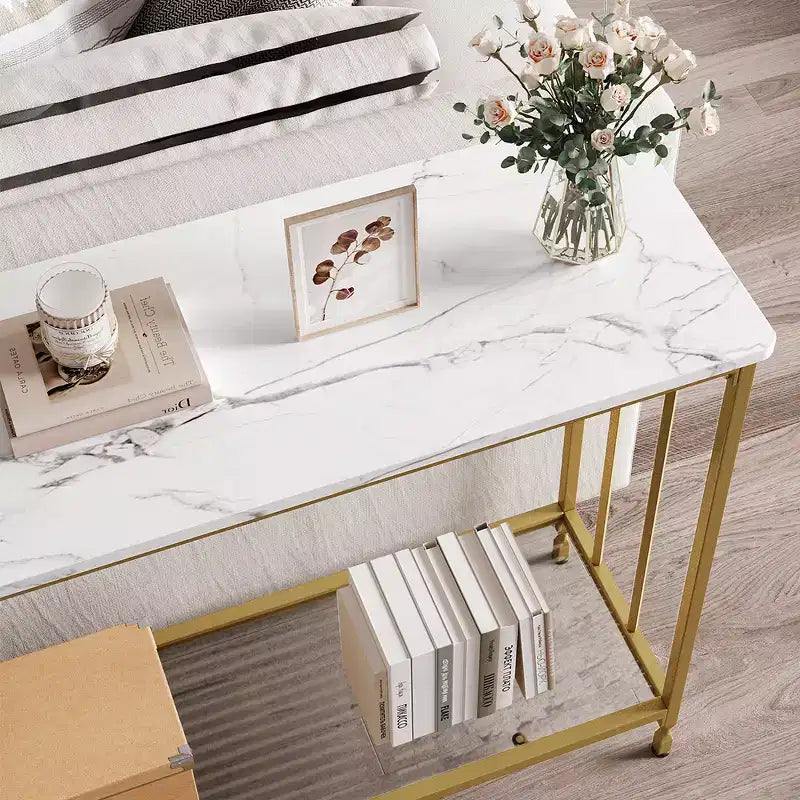 Console étroite avec 2 étagères de rangement, table d'appoint industrielle pour canapé, étagère de présentation ouverte pour couloir, salon, foyer, bureau, chambre à coucher