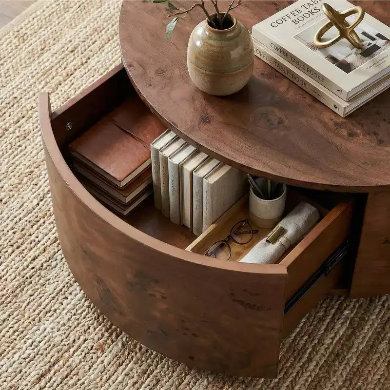 JVNOXK Table basse rotative en noyer de 72 cm avec 2 tiroirs cachés, plateau rotatif à 360°, grain de bois naturel, pour salon, noyer