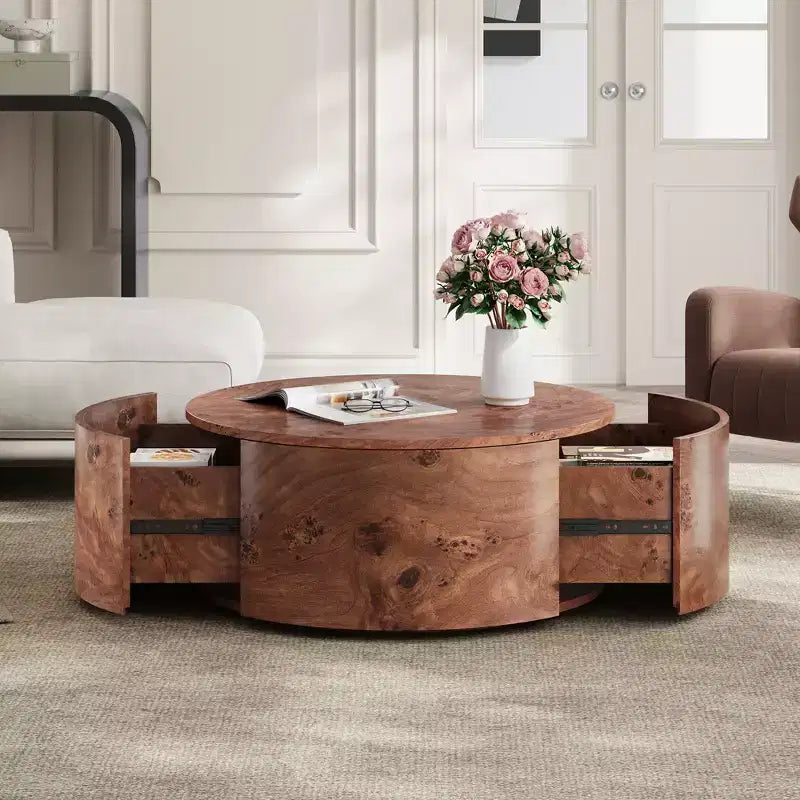 JVNOXK Table basse rotative en noyer de 72 cm avec 2 tiroirs cachés, plateau rotatif à 360°, grain de bois naturel, pour salon, noyer
