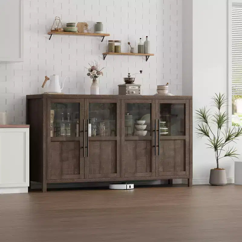 Meuble Buffet Vaisselier avec 4 Portes Vitrées, Vitrine de 140 cm pour Cuisine, Salle à Manger, Salon