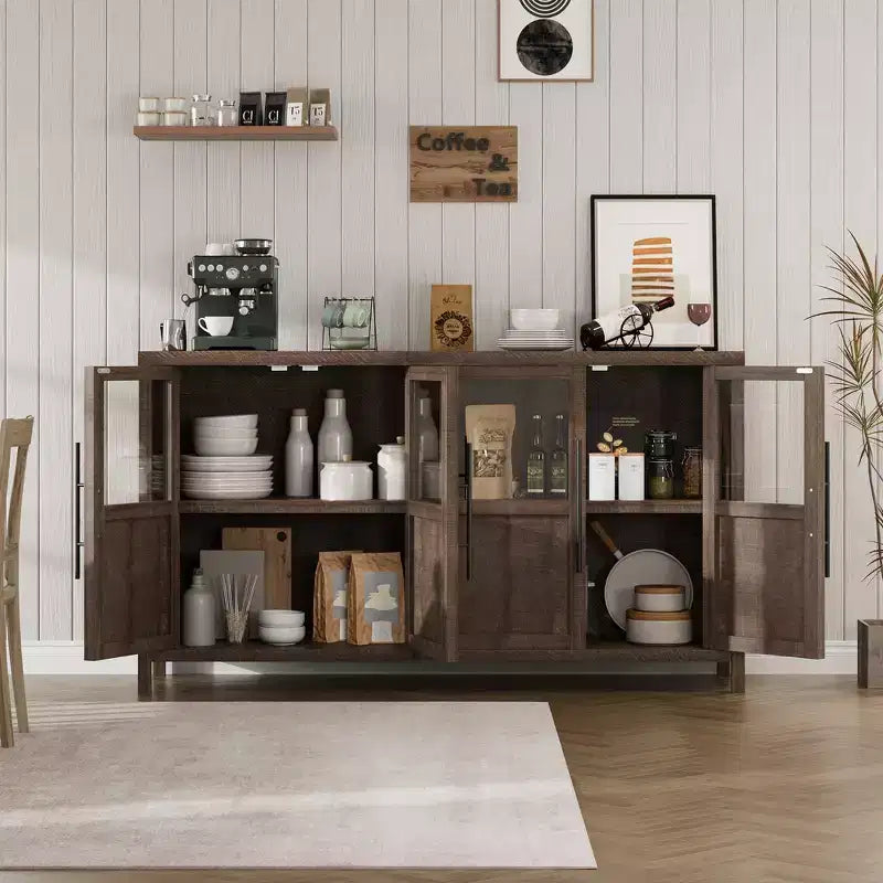 Meuble Buffet Vaisselier avec 4 Portes Vitrées, Vitrine de 140 cm pour Cuisine, Salle à Manger, Salon