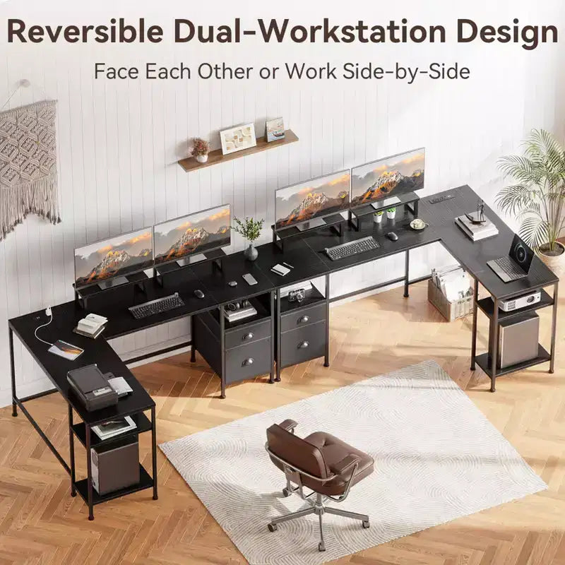 Bureau d'ordinateur noir en L de 66 pouces avec station de charge, bureau d'angle réversible pour jeux vidéo, meuble de classement, support d'écran, rangement pour bureau à domicile