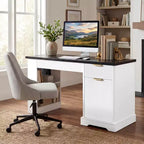 JVNOXK Bureau Moderne de 140 cm avec Meuble de Rangement et Tiroirs, Prises de Courant, Panneau Perforé, Étagères Intégrées et Tablette de Clavier, Blanc