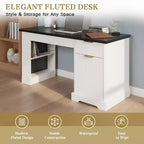 JVNOXK Bureau Moderne de 140 cm avec Meuble de Rangement et Tiroirs, Prises de Courant, Panneau Perforé, Étagères Intégrées et Tablette de Clavier, Blanc
