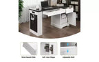 JVNOXK Bureau Moderne de 140 cm avec Meuble de Rangement et Tiroirs, Prises de Courant, Panneau Perforé, Étagères Intégrées et Tablette de Clavier, Blanc