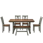 Ensemble de salle à manger Whisen 6 pièces en bois pour 6 personnes, table à manger rectangulaire et 4 chaises d'appoint, long banc