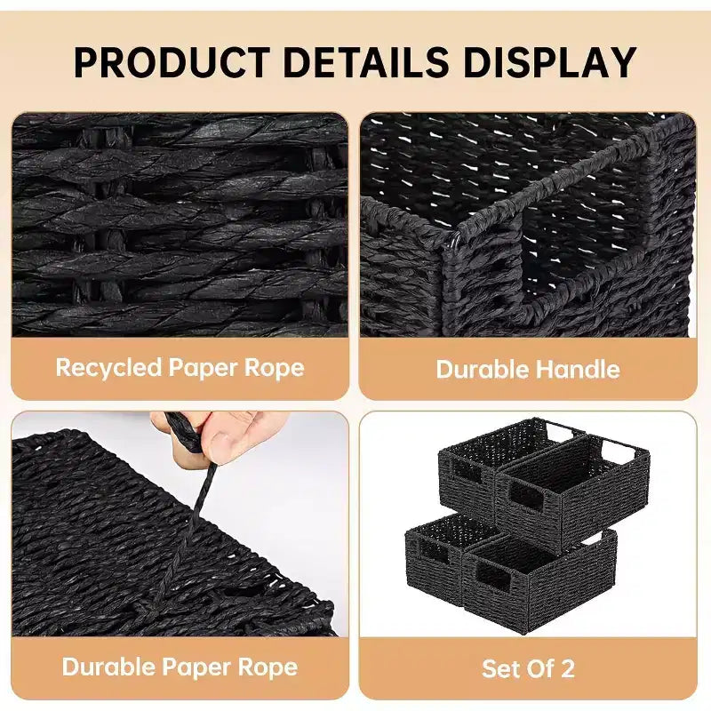Lot de 4 paniers de rangement pliables, bacs de rangement tressés en corde de papier avec poignées pour étagères de maison, garde-manger, cuisine, salle de bain, salon