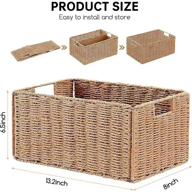 Lot de 4 paniers de rangement pliables, bacs de rangement tressés en corde de papier avec poignées pour étagères de maison, garde-manger, cuisine, salle de bain, salon