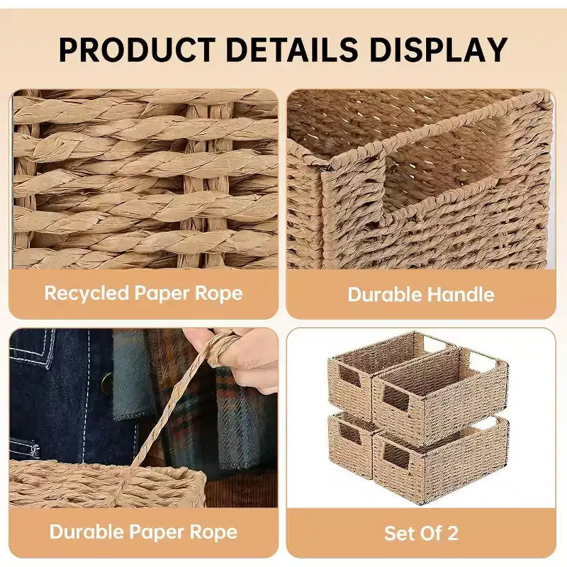 Lot de 4 paniers de rangement pliables, bacs de rangement tressés en corde de papier avec poignées pour étagères de maison, garde-manger, cuisine, salle de bain, salon