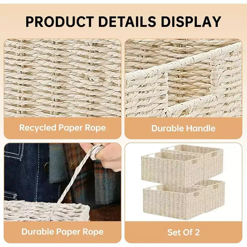 Lot de 4 paniers de rangement pliables, bacs de rangement tressés en corde de papier avec poignées pour étagères de maison, garde-manger, cuisine, salle de bain, salon