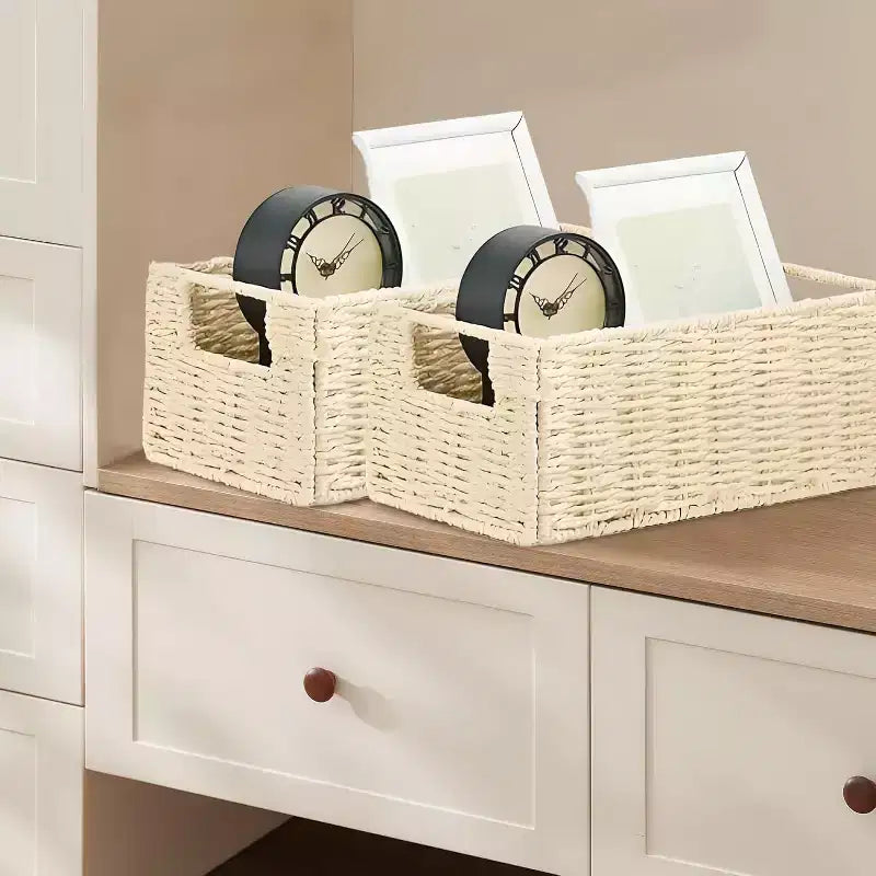 Lot de 4 paniers de rangement pliables, bacs de rangement tressés en corde de papier avec poignées pour étagères de maison, garde-manger, cuisine, salle de bain, salon