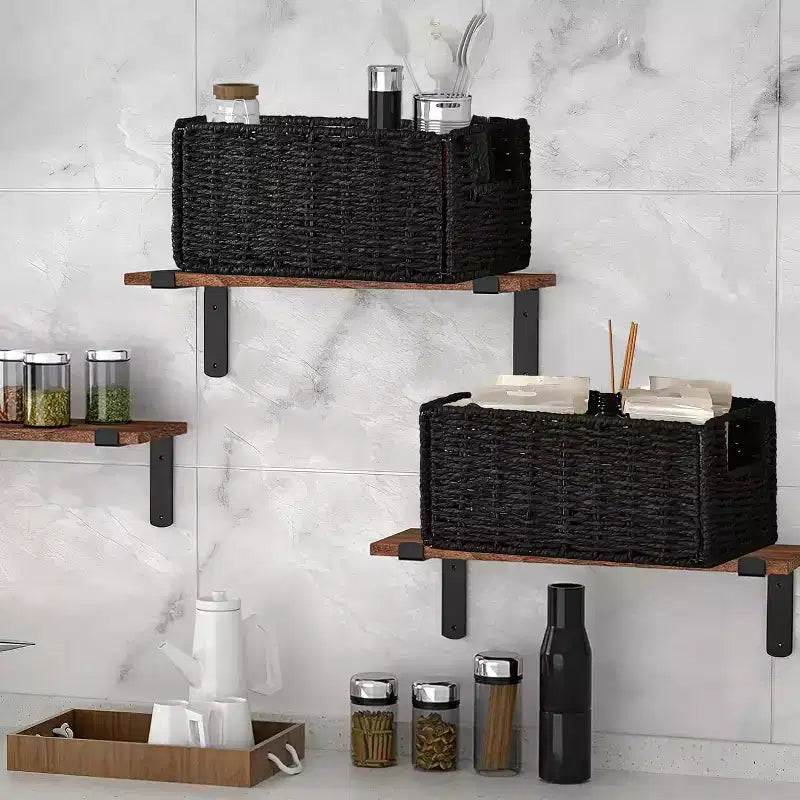 Lot de 4 paniers de rangement pliables, bacs de rangement tressés en corde de papier avec poignées pour étagères de maison, garde-manger, cuisine, salle de bain, salon