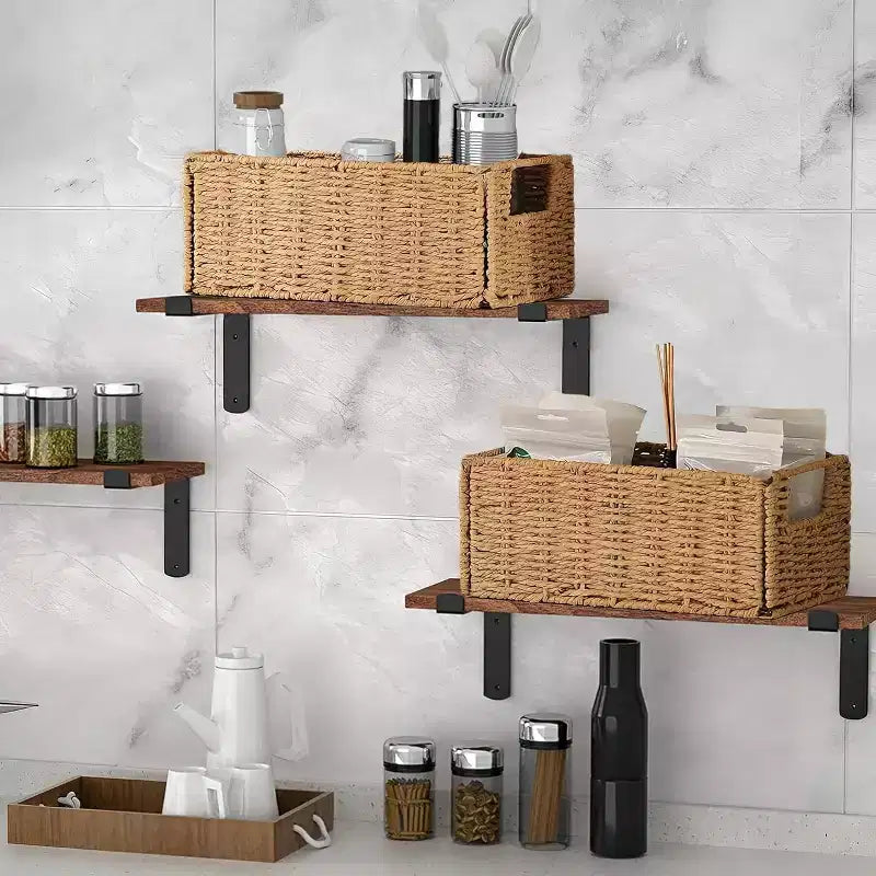 Lot de 4 paniers de rangement pliables, bacs de rangement tressés en corde de papier avec poignées pour étagères de maison, garde-manger, cuisine, salle de bain, salon