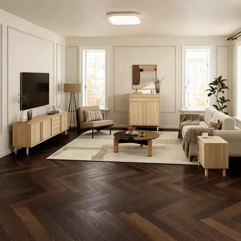 LuxenHome Meuble TV moderne 70,9 po pour téléviseurs jusqu'à 75 po, meuble console média avec tiroirs, brun chêne