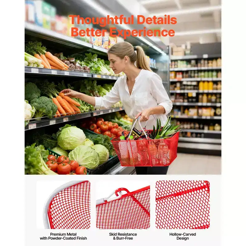 Paniers de courses VEVOR, 12 PCS, 22L, paniers d'épicerie empilables en métal avec poignées, structure en maille dense, supporte jusqu'à 20 kg, portables pour l'épicerie, rouges